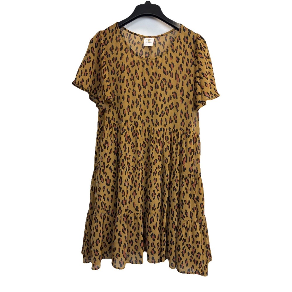 By Together Leopard Dress Womens Size Medium Layered Chiffon Lined Short Sleeve